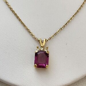 Vintage Faux Amethyst Emerald Cut Rhinestone Gold Tone Chain Necklace 18" Dainty